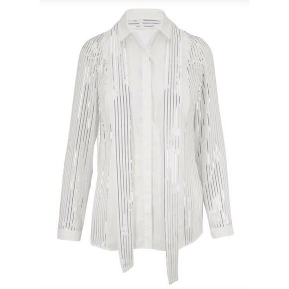Akris Blouse with Foil Pleats and Shirt Collar white and silver size 12 - Picture 1 of 7